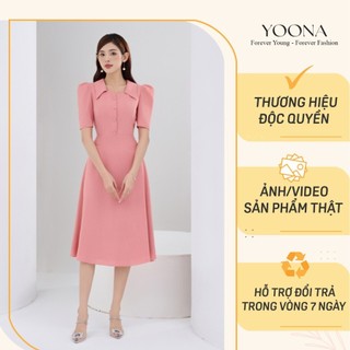Đầm thiết kế cổ cách điệu vai bồng phối cúc chất đũi Thái YOONA - NH10X030