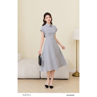 Đầm thiết kế tay hến dáng xòe chất đũi Hàn kẻ caro YOONA - NH10X008
