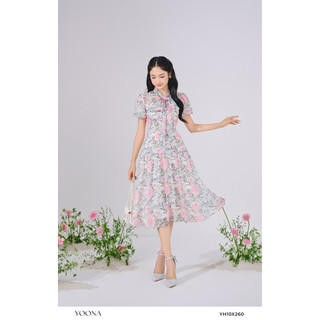 Đầm hoa dáng xòe phối cổ thắt nơ tay bồng Yoona - YH10X260