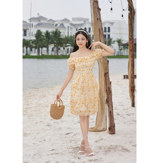 Đầm trễ vai phối bèo hoa nhí vàng 2 lớp YOONA - YHB10X170