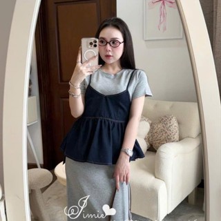  set áo chân váy,áo cộc tay nữ kèm yếm bò mix chân váy dáng dài xinh xỉu B1025 