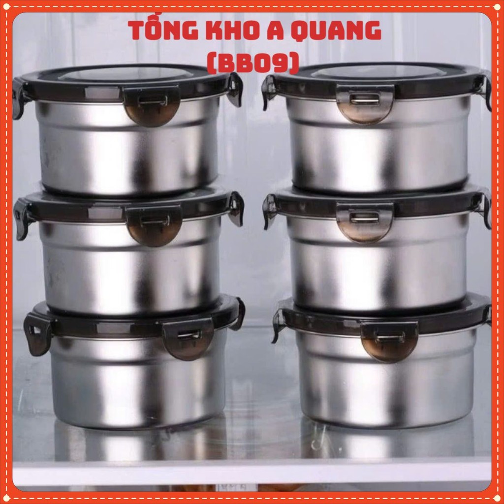 Hộp inox hình tròn dùng để đựng thực phẩm tiện lợi có kèm nắp,  SET 4 HỘP INOX NẮP ĐEN - HOP022