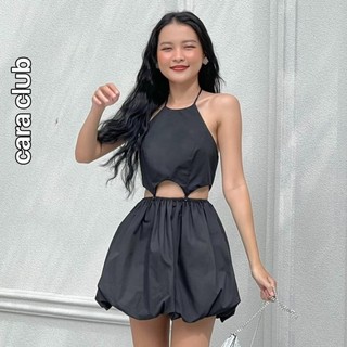 CARA Đầm ngắn nữ Auntie cổ yếm phồng xòe tính năng động phù hợp dạo phố