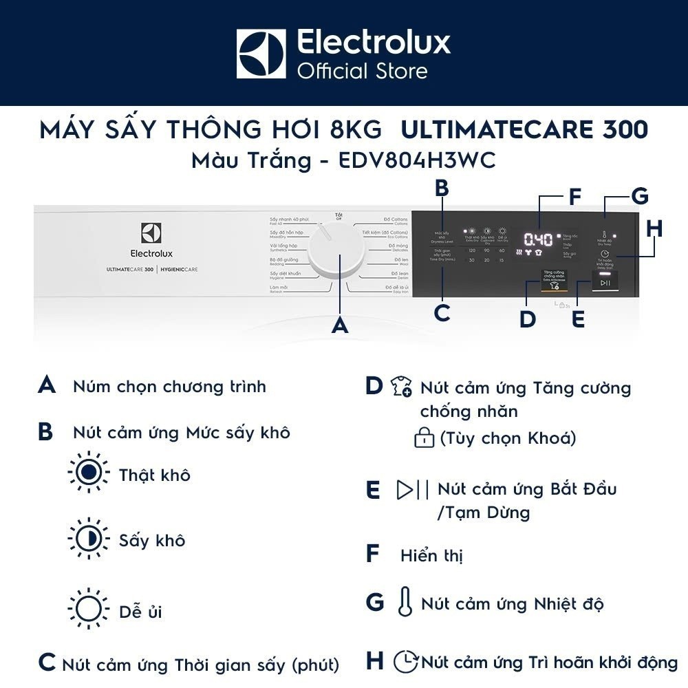 Free giao lắp - Máy sấy thông hơi 8KG Electrolux EDV804H3WC - sấy đảo chiều chống nhăn, diệt khuẩn, bền màu | BigBuy360 - bigbuy360.vn