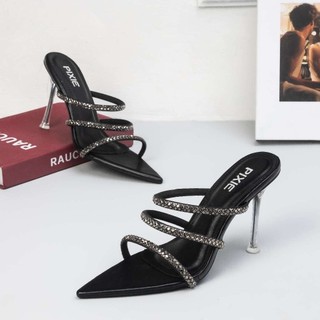 [Form nhỏ tăng size] Guốc Cao Gót 9cm Quai Ngang Chéo Phối Đá Pixie E253