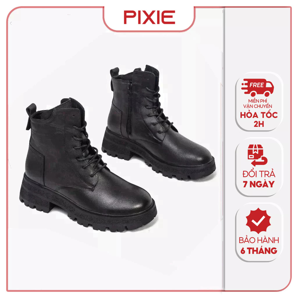 Boot Cao Gót 5cm Da Thật Mũi Tròn Cột Dây Pixie H238