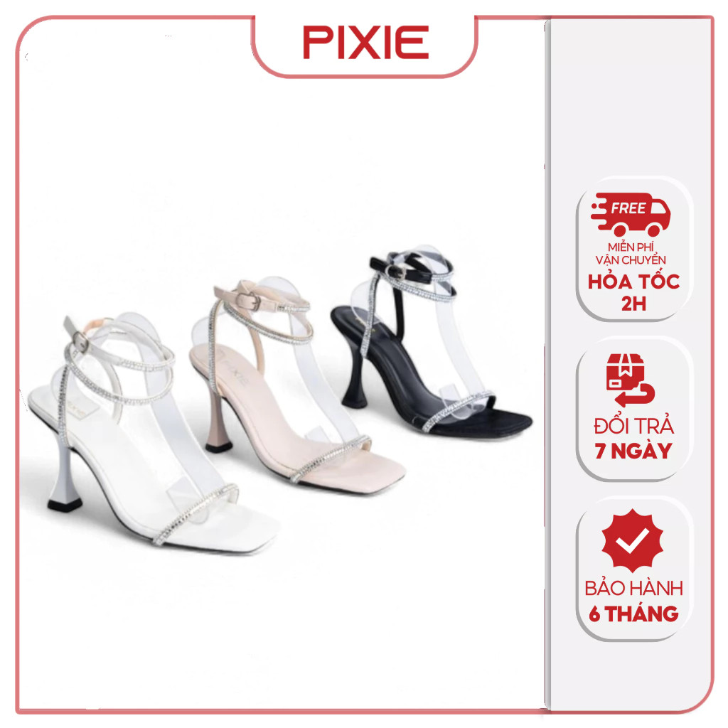 [XẢ KHO] Giày Sandal Cao Gót 9cm Quai Đính Đá Mũi Vuông Pixie E175