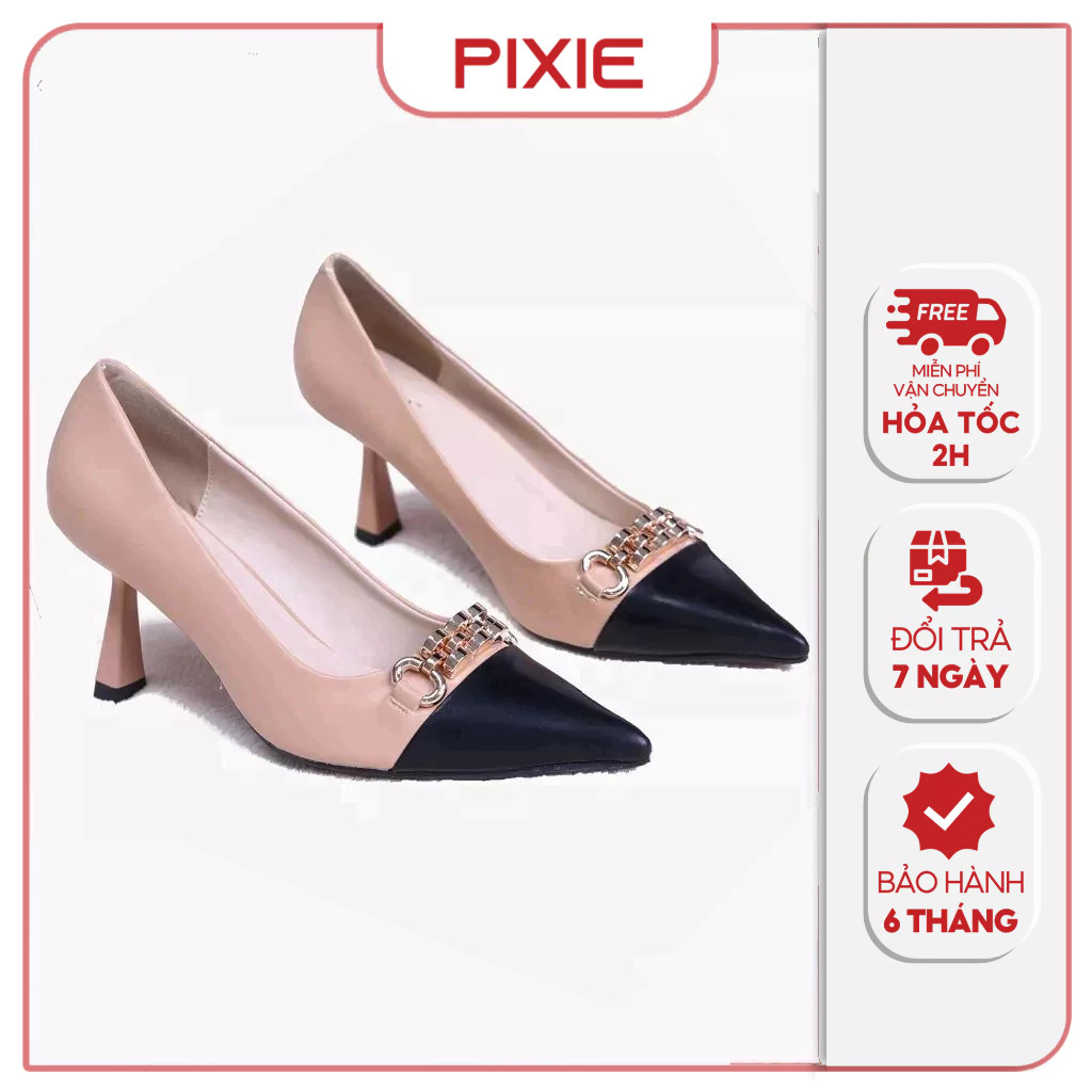 Giày Cao Gót Nữ 8cm Phối Màu Gắn Khóa Pixie H036
