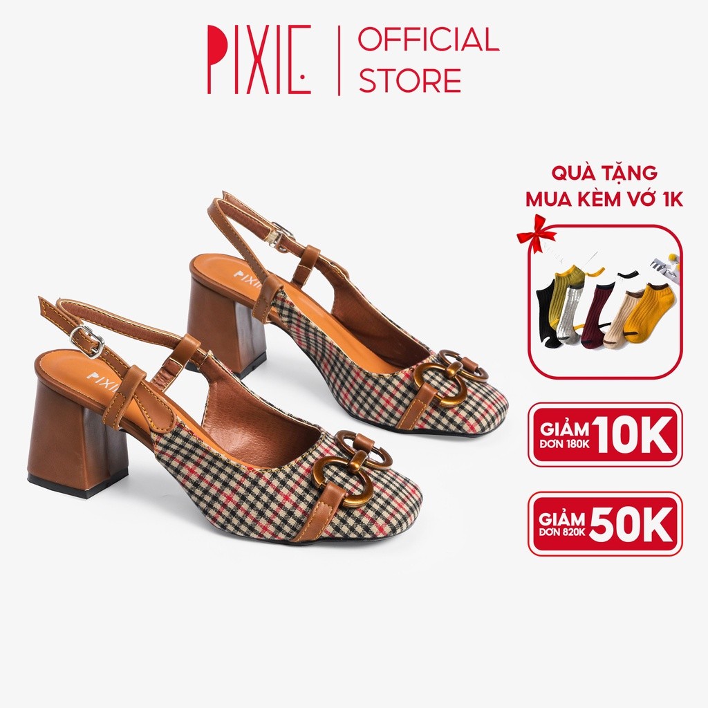 Giày Cao Gót 7cm Mũi Vuông Gắn Khoá Pixie X771