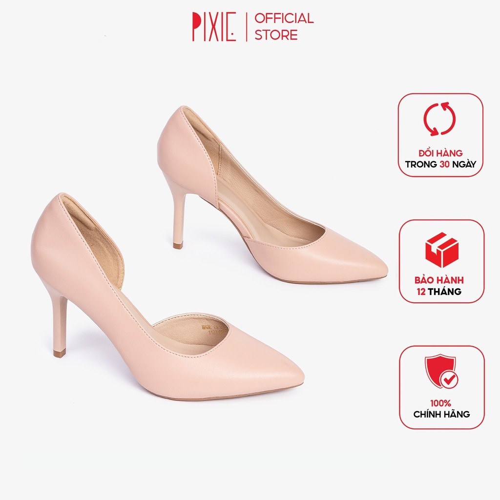 Giày Cao Gót 7cm Gót Nhọn Hở Eo Màu Kem Pixie X693