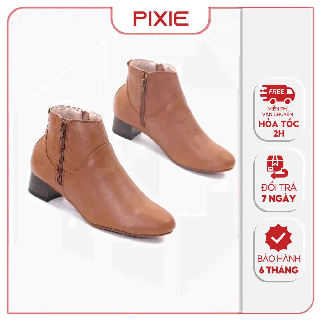 Giày Boot Nữ Thấp 3cm Cổ Ngắn 2 Dây Kéo Da Thật Pixie P697