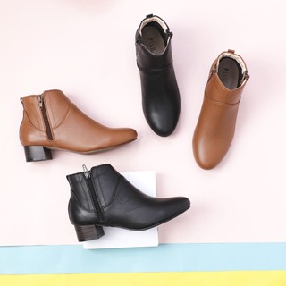 Giày Boot Nữ Thấp 3cm Cổ Ngắn 2 Dây Kéo Da Thật Pixie P697