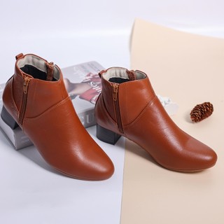 Giày Boot Nữ Thấp 3cm Cổ Ngắn 2 Dây Kéo Da Thật Pixie P697