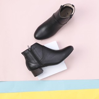 Giày Boot Nữ Thấp 3cm Cổ Ngắn 2 Dây Kéo Da Thật Pixie P697