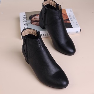Giày Boot Nữ Thấp 3cm Cổ Ngắn 2 Dây Kéo Da Thật Pixie P697