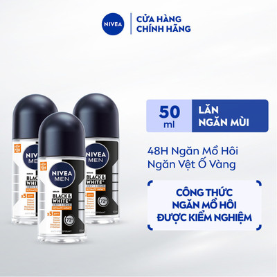 Bộ 3 Lăn Ngăn Mùi Nam NIVEA MEN Black&White Ngăn Vệt Ố Vàng | Hương Mạnh Mẽ (50 ml) - 85392x3