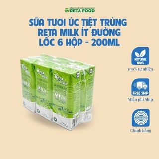 [Voucher 30K | 11.11] Sữa Tươi Úc Tiệt Trùng Reta Milk Ít Đường 200ml - Lốc 6 hộp