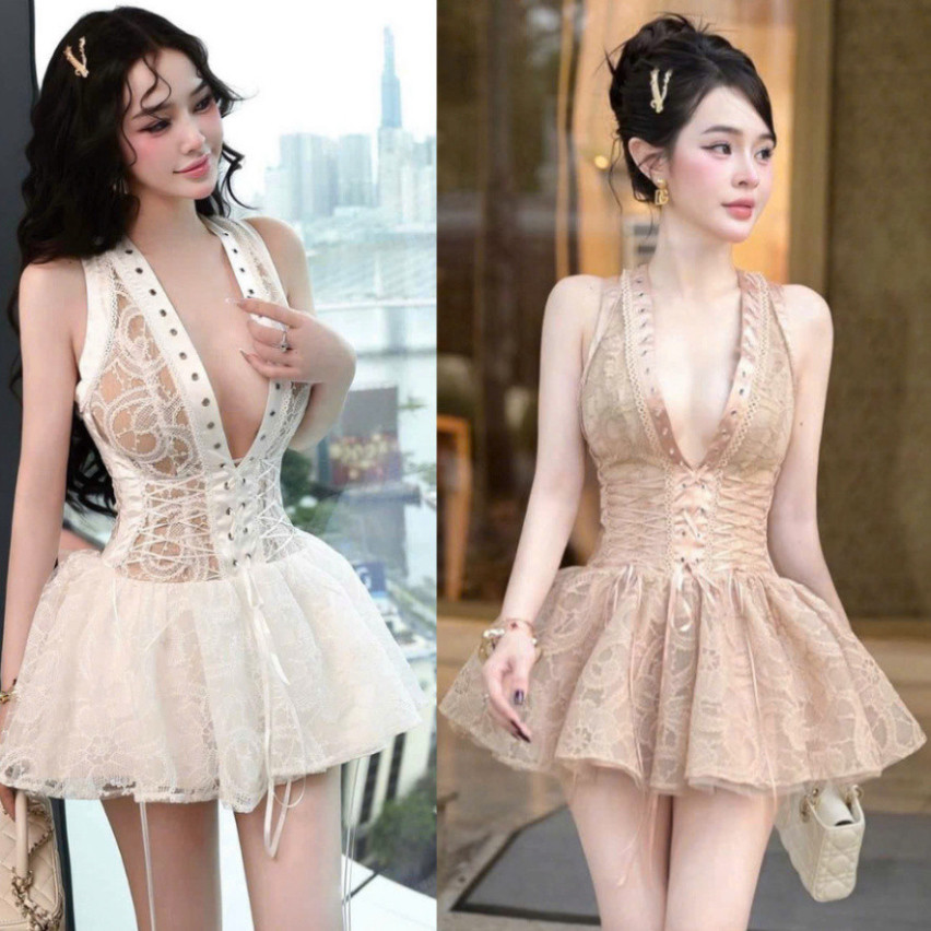 Váy 2 Dây Cổ V Đính Oze Cá Tính Dáng Xòe VEROMODA Chất Liệu Ren Cao Cấp Đẹp Quyến Rũ ,Sang Trọng