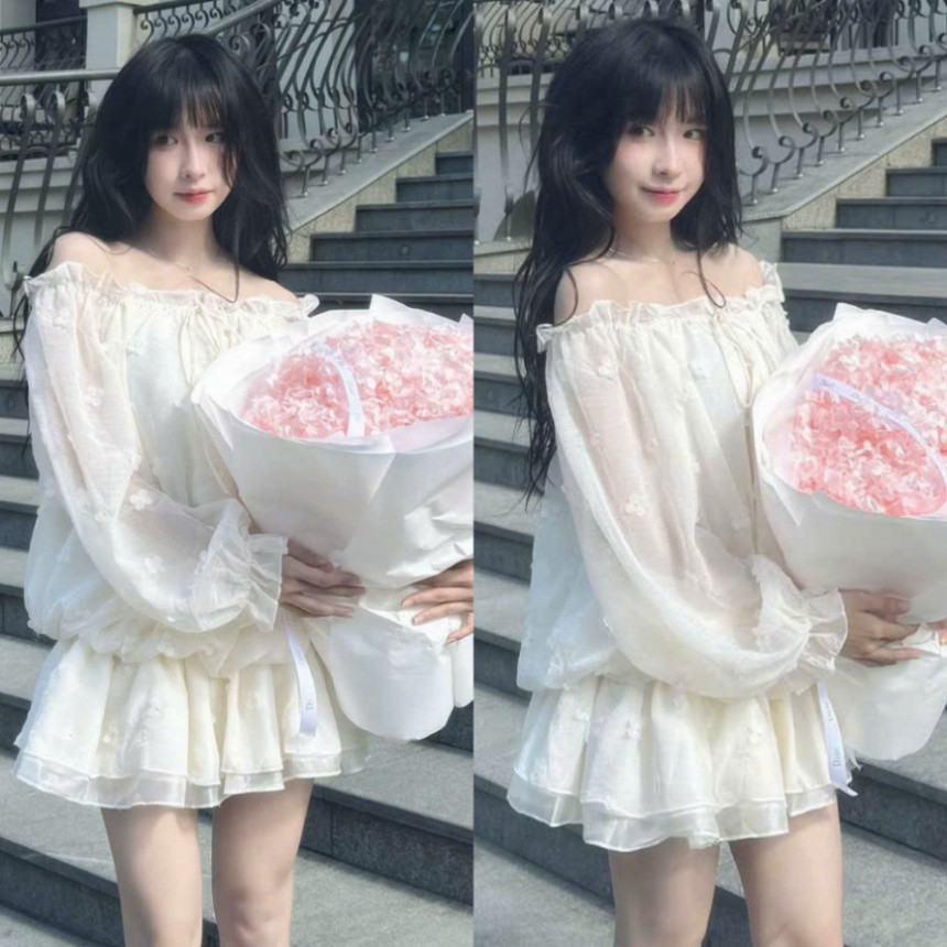 Đầm Trễ Vai Bánh Bèo Dáng Rộng Họa Tiết Hoa VEROMODA Chất Liệu Tơ Màu Be Cao Cấp Đẹp Quyến Rũ ,Sang Trọng