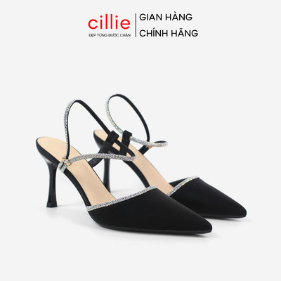 Giày Sandal Cao Gót Nữ Cillie Bít Mũi Gót Nhọn Chắc Chắn Quai Dây Đính Đá CG26