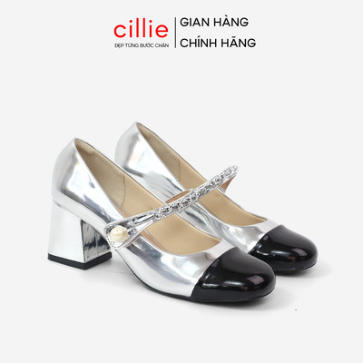 Giày Mary Jane Cao Gót Nữ Cillie Gót Vuông Mũi Tròn Quai Đính Ngọc Trai Da PU Trơn Bóng Cao Cấp CG25