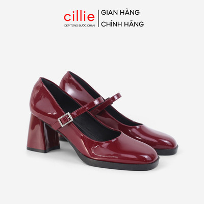 Giày Mary Jane Cao Gót Nữ Cillie Đế Vuông Da PU Trơn Bóng Cao Cấp