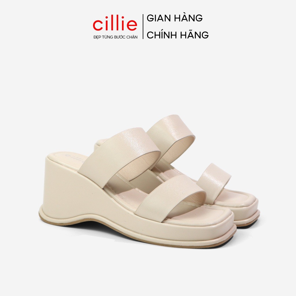 Dép Đế Xuồng Nữ Cillie Quai Ngang Đế Bánh Mì Cao 7p Da Mềm Êm Chân 1057