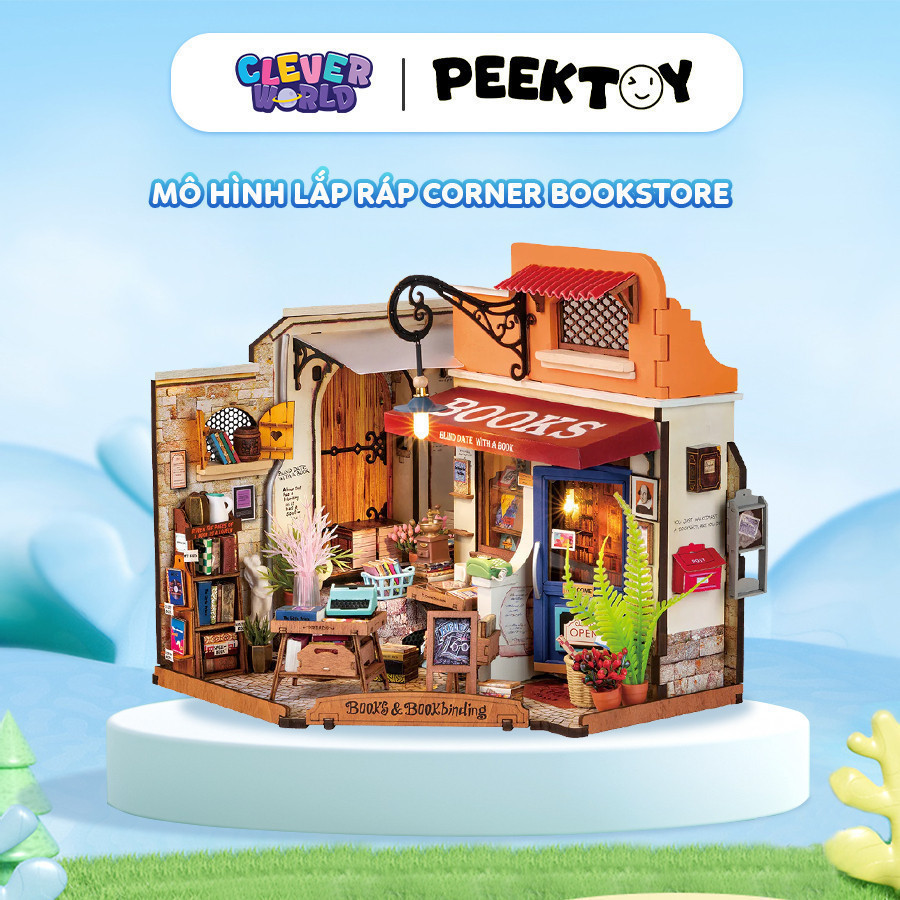 Mô Hình Lắp Ráp Nhà Búp Bê Robotime Rolife Corner Bookstore, Mô Hình Nhà Lắp Ghép DIY, Đèn Led Cleve