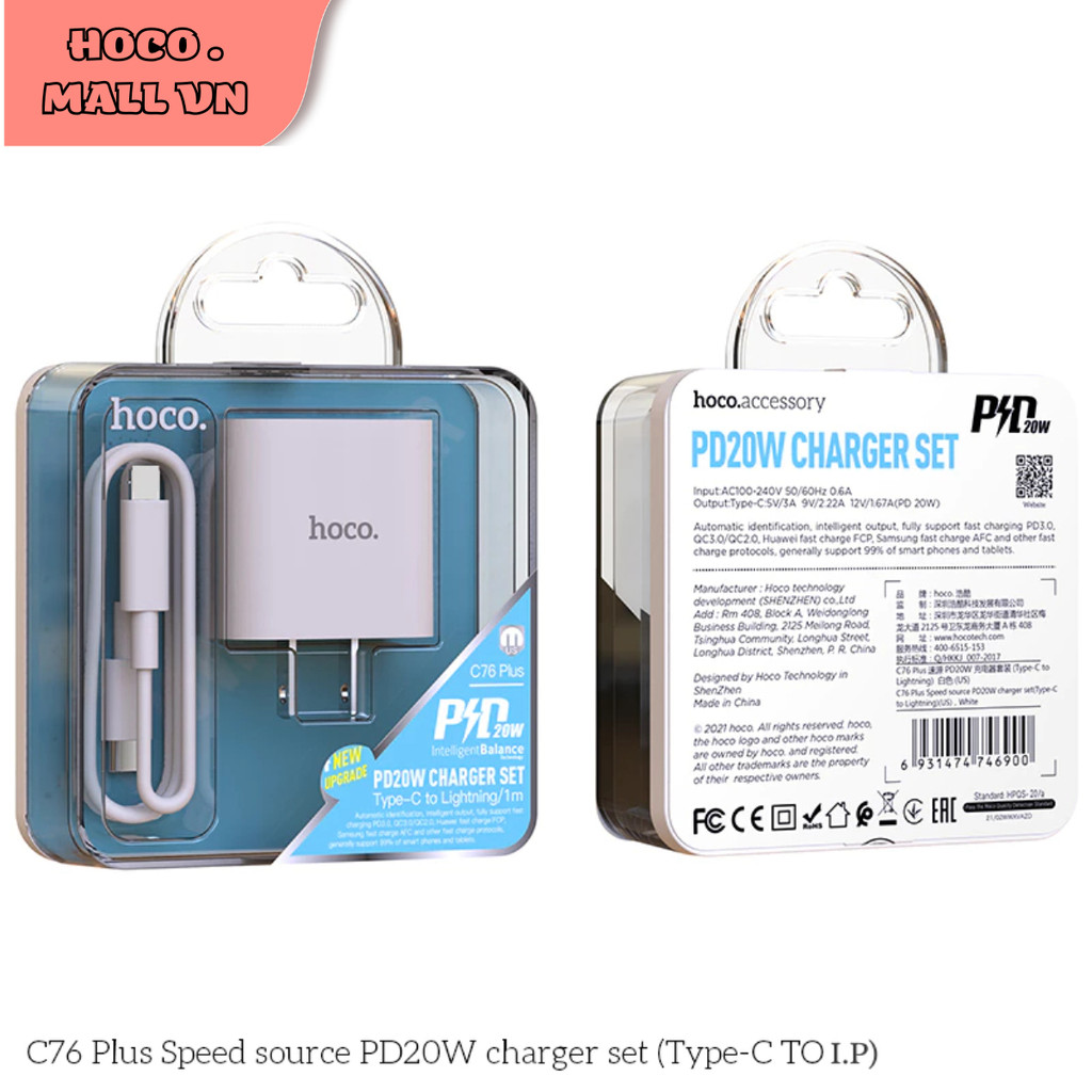 Bộ Sạc Hoco C76 Plus PD20W / C76A Pro PD30W Chất Liệu PC + ABS Chống Cháy - Cho IP X/11/12/13/14