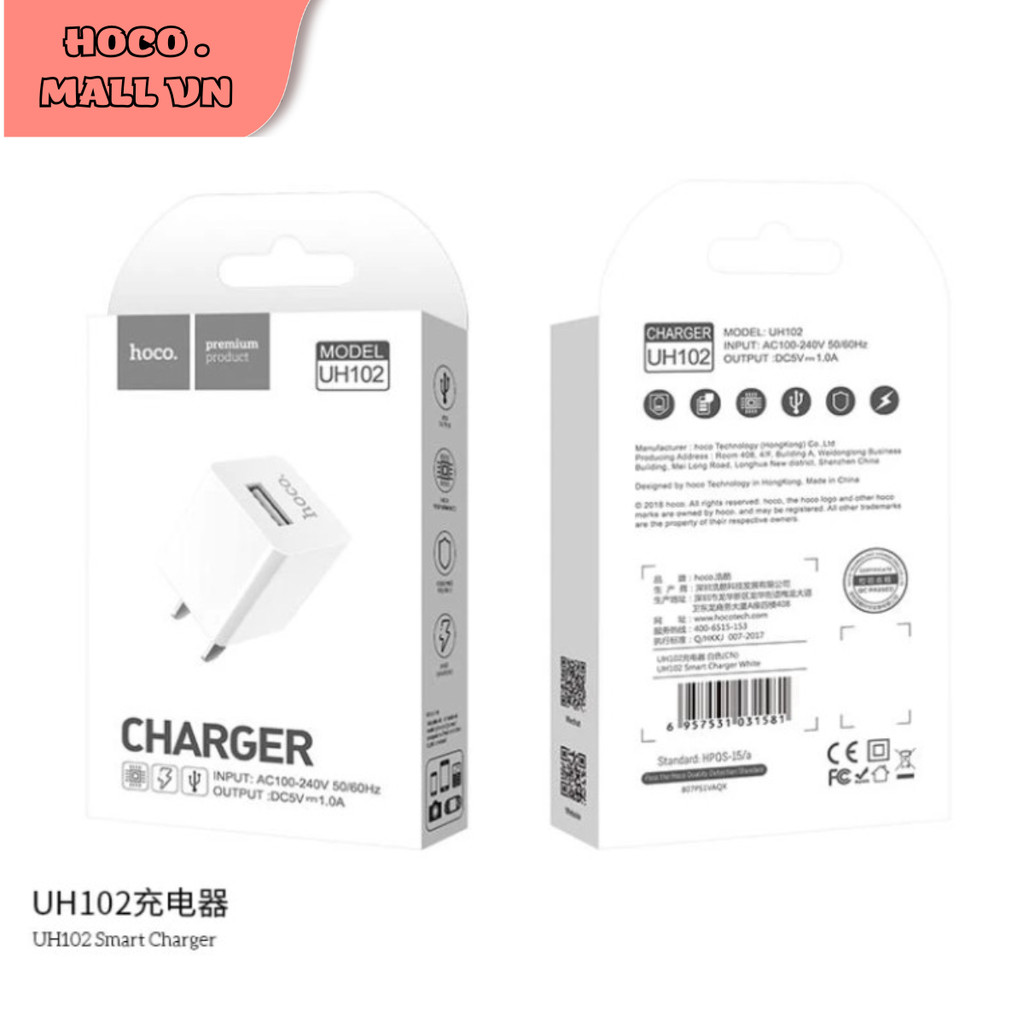 Hoco Chính Hãng - Củ Cốc Sạc Hoco UH102 Chính Hãng, Cao Cấp, Cổng USB - Cho Điện Thoại