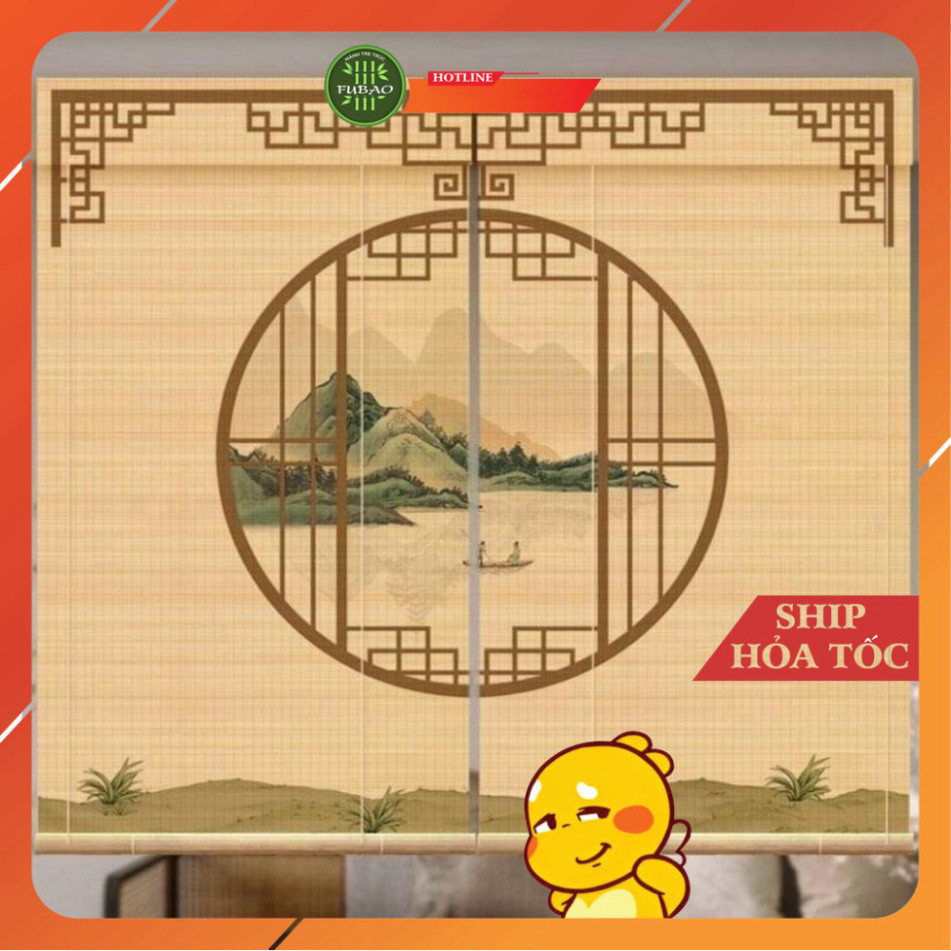 Mành tre trúc in tranh UV hình phong cảnh chim và hoa đào. Mành tre trúc trang trí decor cafe, spa.1