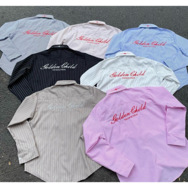 Áo sơ mi tay dài Oxford hình thêu GOLDEN CHILD tà vạt bầu form rộng nam nữ basic striped shirt hàn q