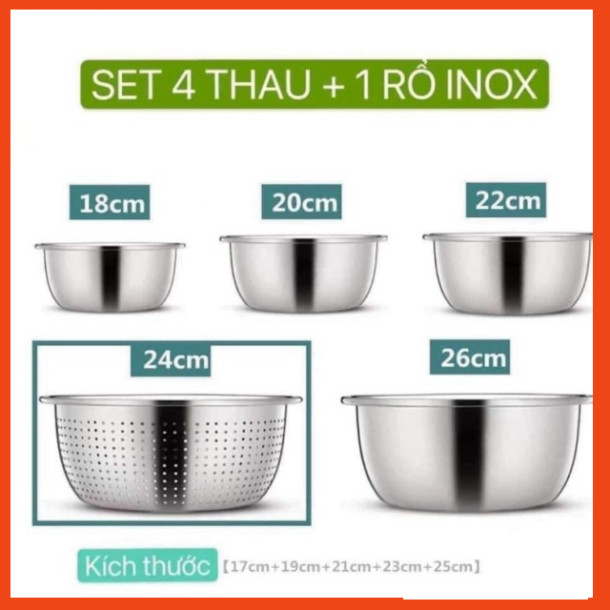 Bộ 5 rổ chậu inox 304 Cao Cấp, combo 5 chậu inox kèm rổ