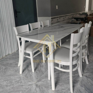 Bàn ăn cơm 6 ghế gỗ trắng bàn ăn giả đá - mặt bàn chữ nhật 1m60 x80cm phối hợp ghế cabin siêu chắc 