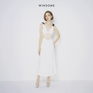 Đầm thiết kế cao cấp WINSOME đầm dài đính nơ cổ V phối lưới giả corset sang trọng, thanh lịch WS0006
