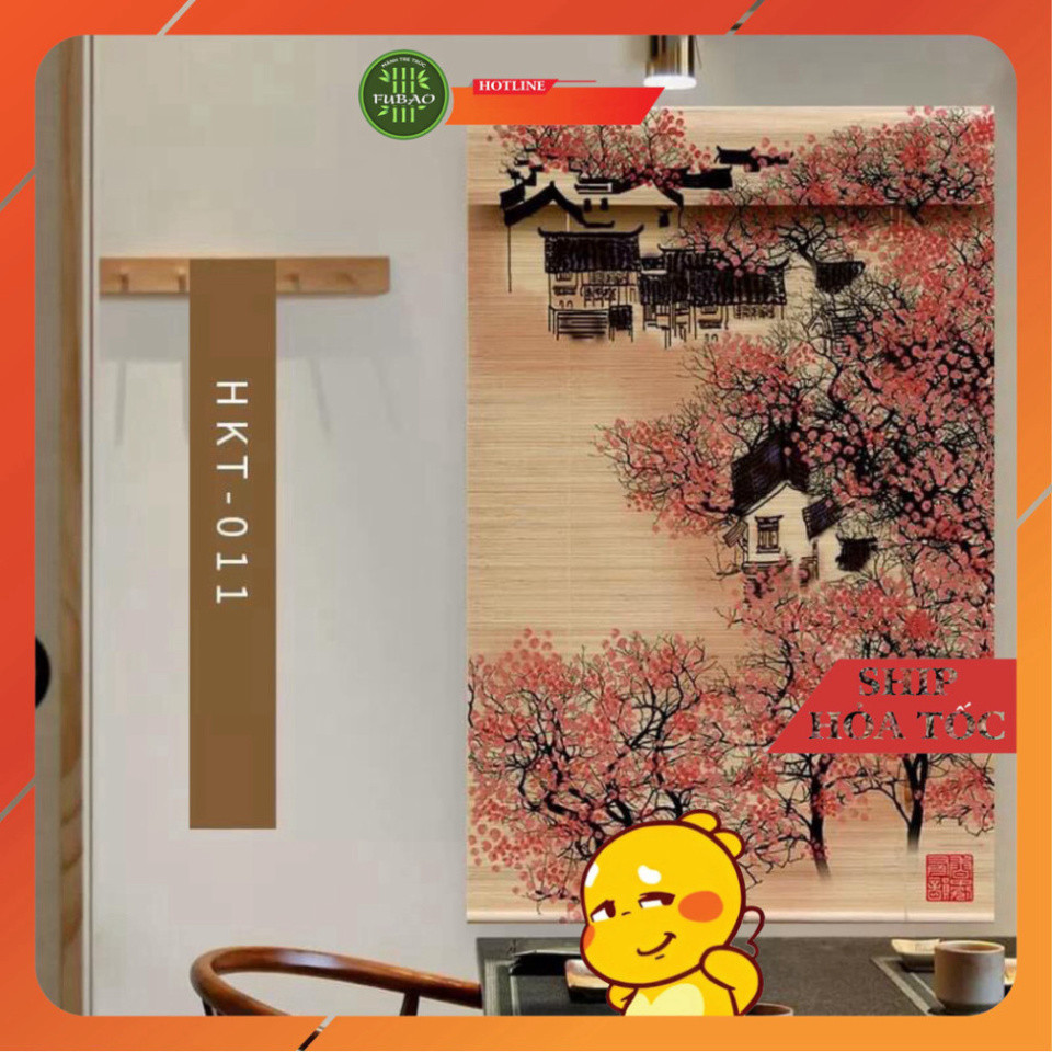 Mành tre trúc in tranh UV hình phong cảnh chim và hoa đào. Mành tre trúc trang trí decor cafe, spa.1