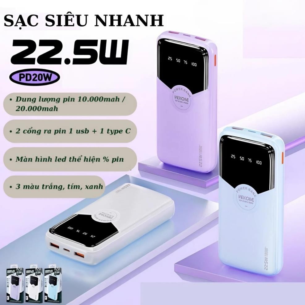 Sạc dự phòng siêu nhanh Wekome 22.5w có màn hình LED kèm 2 dây sạc dung lượng 10000mah/20000mah