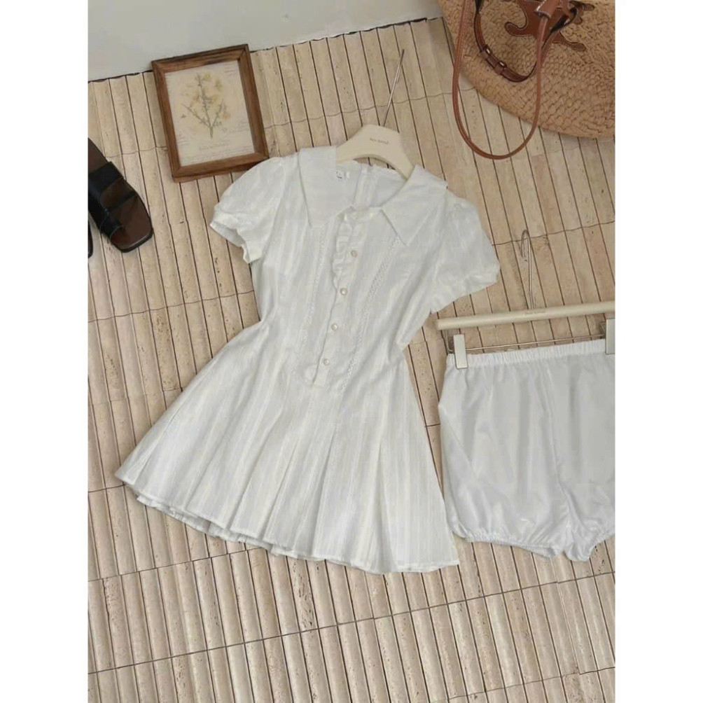 Set Váy Ren Trắng Tiểu Thư phong cách Style Tỷ Tỷ trung quốc, Đầm ren trắng cổ sơ mi có quần bảo hộ V01 | BigBuy360 - bigbuy360.vn