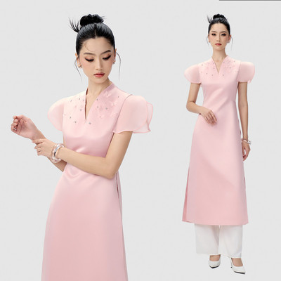RECHIC Áo dài Hồng Điệp cổ V tay bồng cách điệu thanh lịch (KHÔNG KÈM QUẦN)