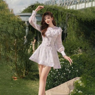 RECHIC Đầm xòe nữ Koky tay phồng cổ bèo sang trọng tiểu thư thanh lịch