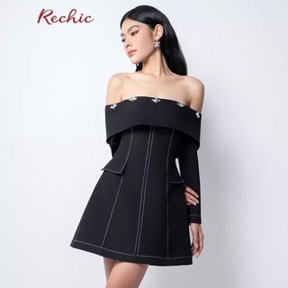 RECHIC Đầm trễ vai Rex kiểu dáng chữ A tay dài chiết eo sang trọng phù hợp dự tiệc