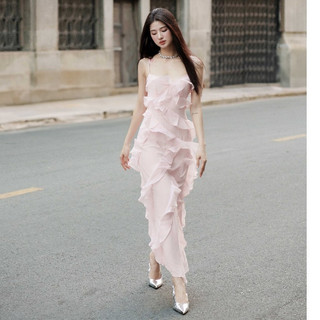 RECHIC Đầm 2 dây nữ Jolen bèo xếp tầng chiết eo sang trọng quyến rũ