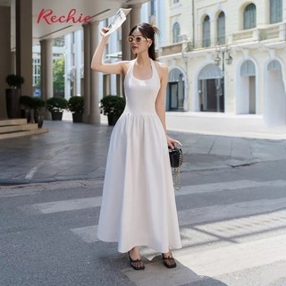 RECHIC Đầm cổ yếm Hanie dáng dài xòe cotton mềm mịn thanh lịch sang trọng