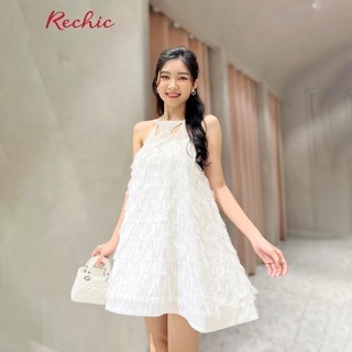 RECHIC Đầm nữ Janci kiểu cổ yêm dáng xòe phối voan ánh kim sang trọng trẻ trung gợi cảm