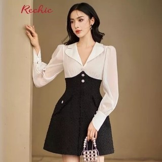 RECHIC Đầm Ngắn Aube cổ chữ V có lá cổ tay dài Tweed phối voan ánh kim sang trọng đi tiệc đi chơi