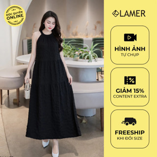 Đầm nữ maxi dáng dài xòe cổ yếm nhún tầng VIEN TRAN O63M24H013