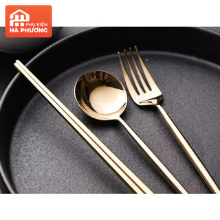  Bộ đũa thìa dĩa inox mạ vàng 3 món phong cách Châu Á   Phụ kiện bàn ăn sang trọng  