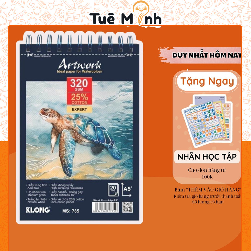 Sổ vẽ màu nước Artwork Klong dày 320gsm bám màu A5 20 tờ KLong MS 785 VPP TUE MINH - giấy vẽ độ bền 