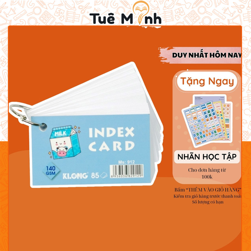 Tập thẻ Index Card A7 85 tờ Klong học ngoại ngữ Ms912 [Chọn Màu] VPPTUEMINH, thẻ ghi nhớ giấy dày
