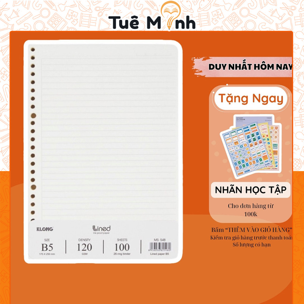 Ruột sổ còng Klong B5 100 tờ (200 trang) kẻ ngang lined châm MS 548 giấy thay refill binder Klong